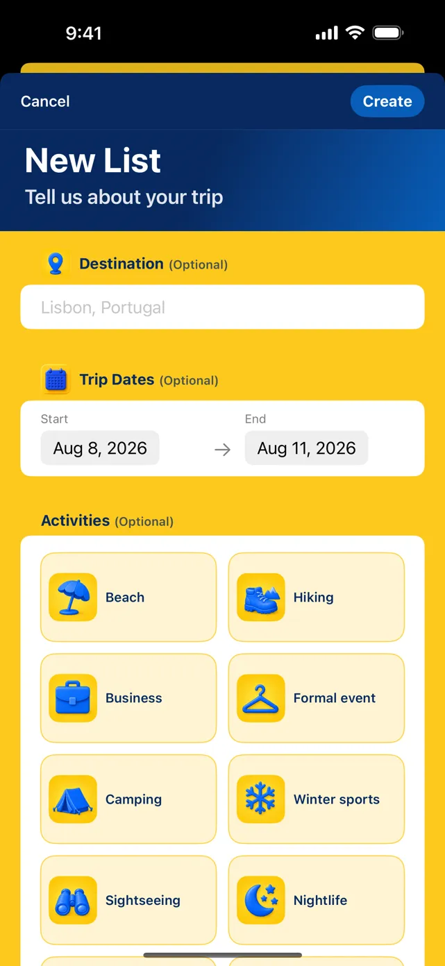 New List screen with optional destination and trip date fields and an activities grid offering Beach, Hiking, Business, Formal event, Camping, Winter sports, Sightseeing and Nightlife