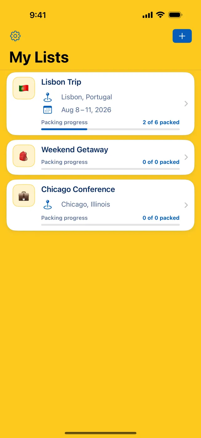 My Lists screen with three trips — a Lisbon trip showing 2 of 6 packed on a progress bar, a weekend getaway and a Chicago conference