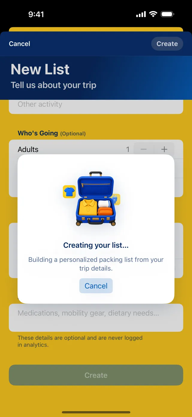 Creating-your-list dialog with a suitcase illustration building a personalized packing list from trip details, over optional traveler count and special needs fields