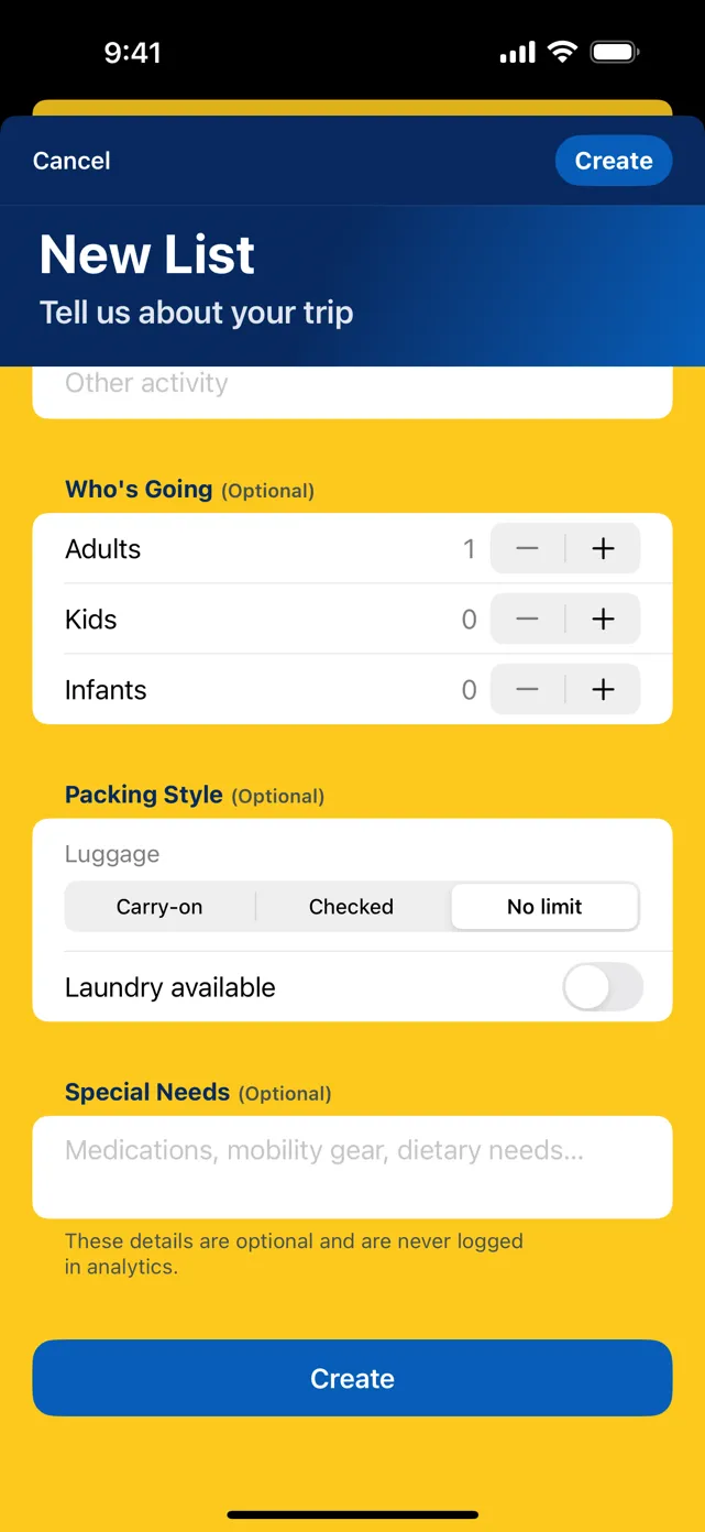 New List options for adults, kids and infants counts, a luggage choice of carry-on, checked or no limit, a laundry-available toggle and a special needs field noting details are never logged in analytics